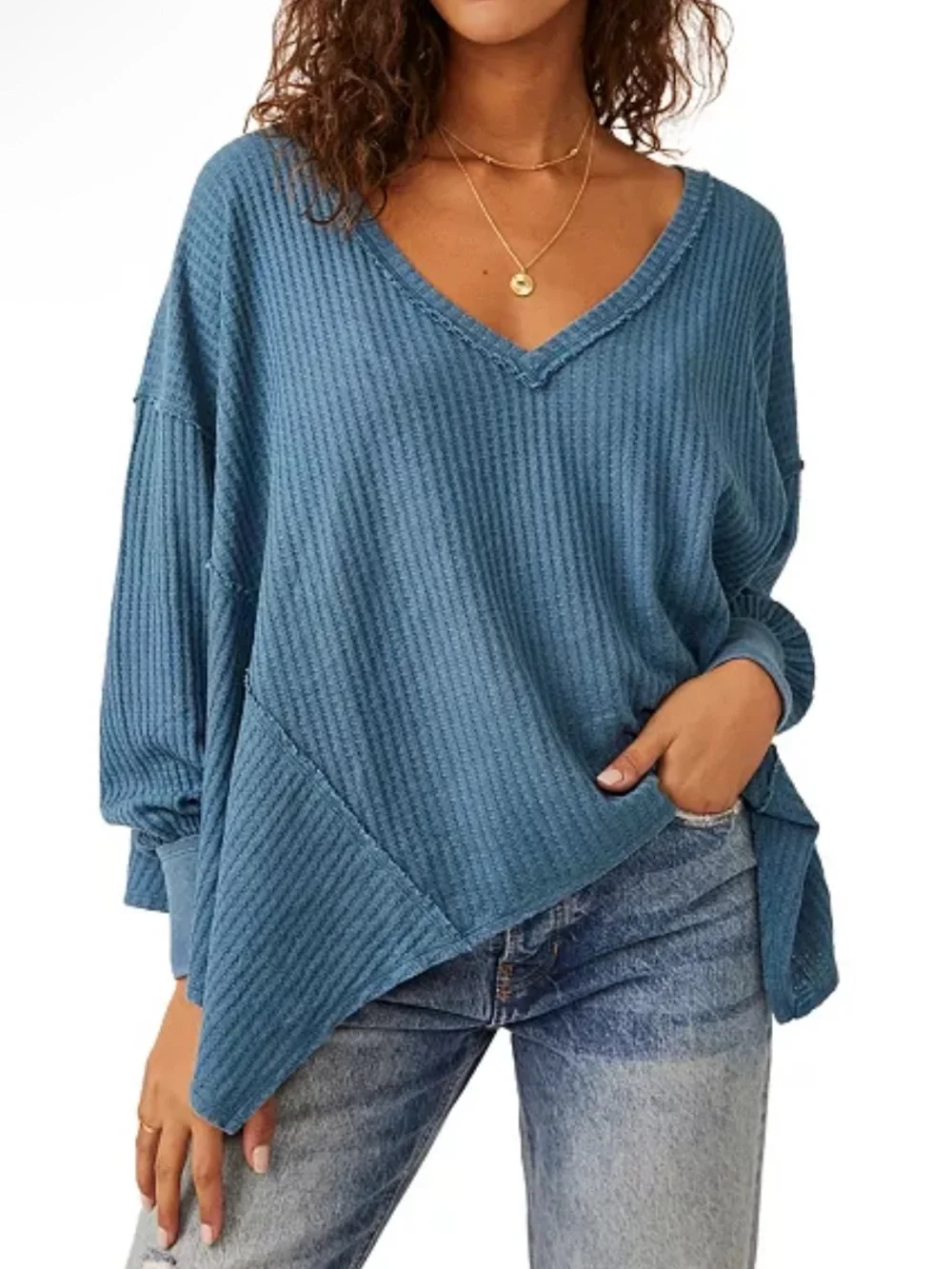 Free People We The Free Coraline Thermal V-Neck Top Oversized Blue Size XS